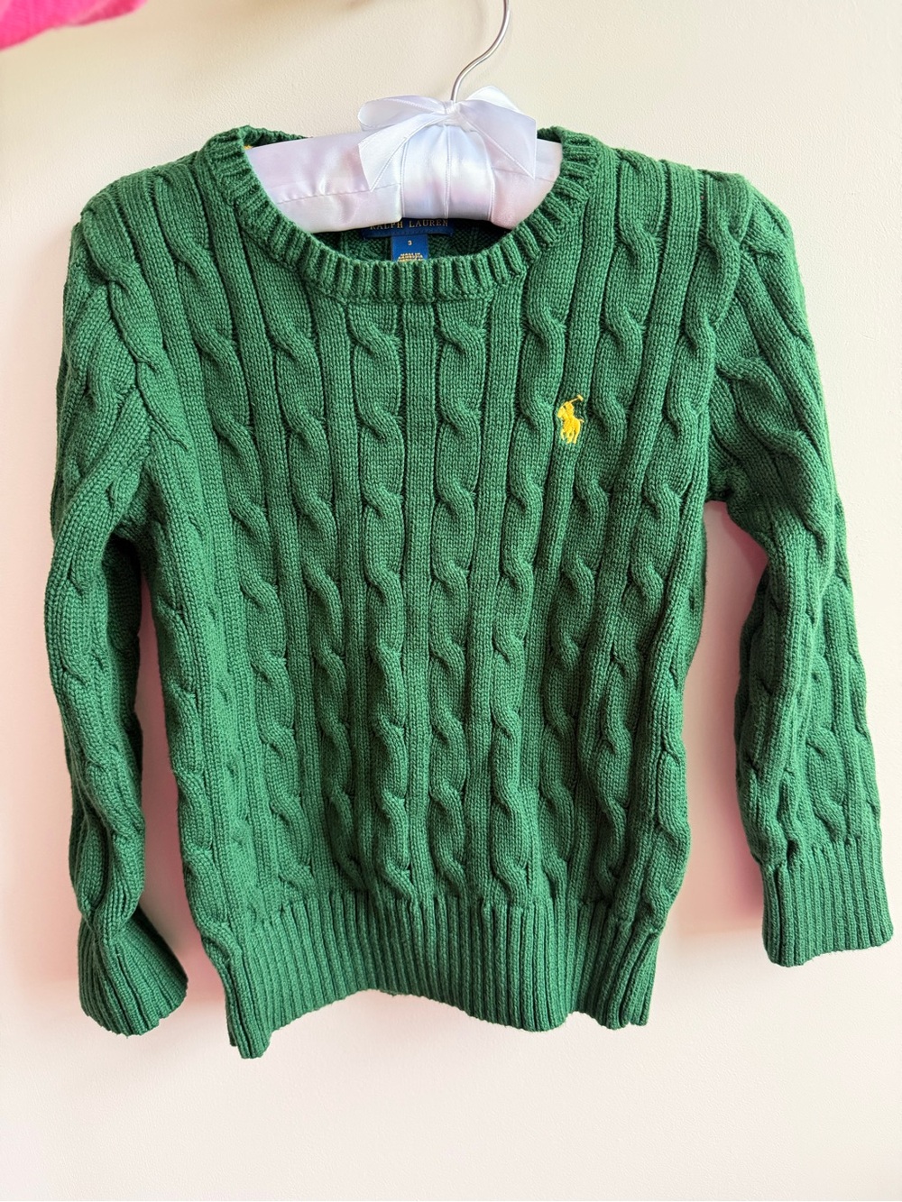Ralph Lauren Green Cable Knit Sweater with Yellow Pony